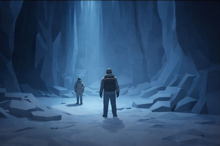 A cold cavern environment lit by a narrow shaft of light